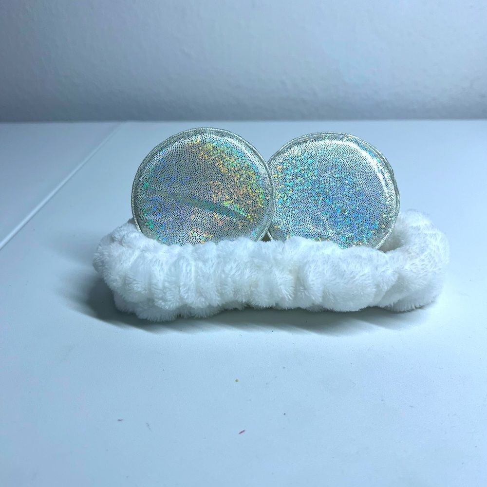 White Silver Mickey Ears Daiso Headband Elastic Fluffy